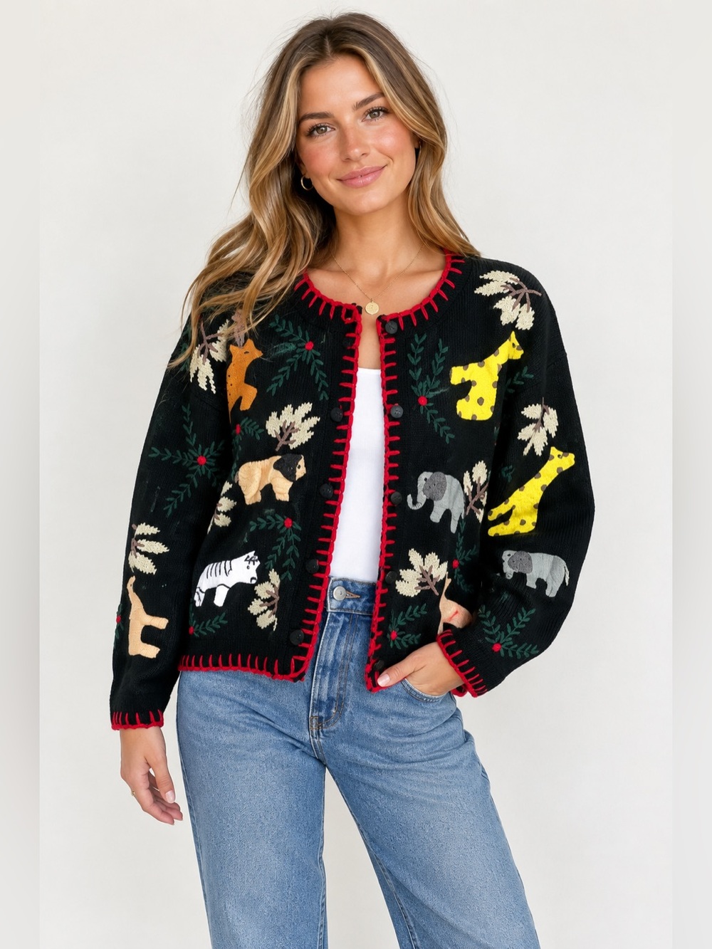 SKYR Scandinavian Animal Embroidered Cardigan Novelty Knit Sweater Black Size M